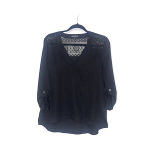 EXPRESS Black V-Neck Pull Over Top with Lace Detail and Button Roll Sleeves M